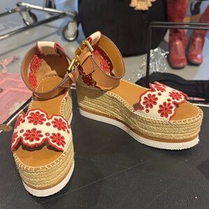 See By Chloé Floral Embroidered Platform Espadrille Boho Sandals